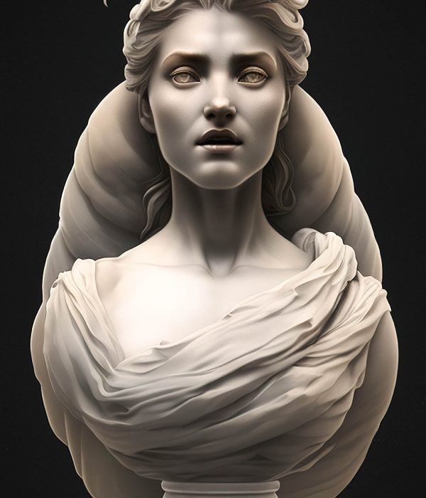 Greek bust, the face of a beautiful ancient woman carved in stone and marble